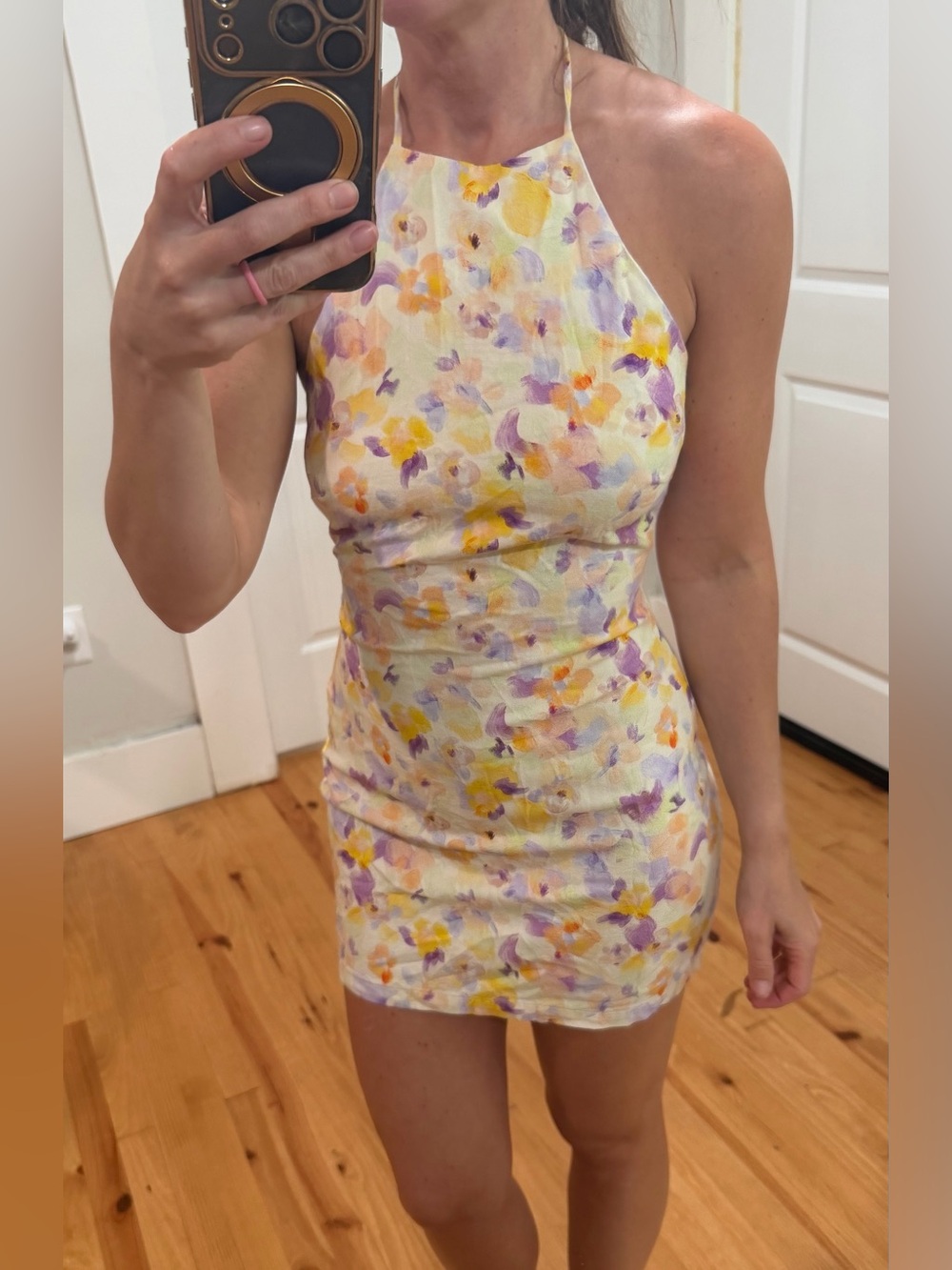 Vici Yellow Floral Halter Mini Dress with Lavender and Orange Accents